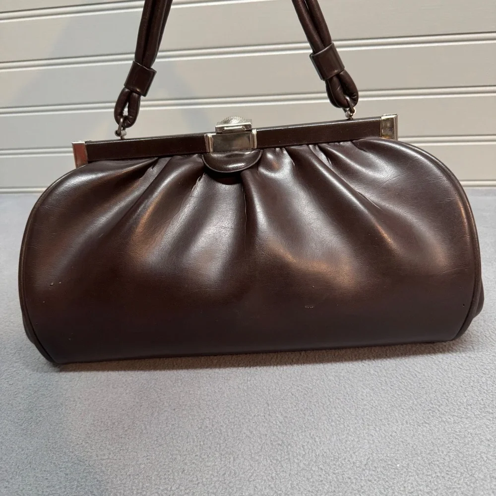 Vintage Mid Century Kiss Lock Satchel Handbag Brown Faux Leather Retro Large